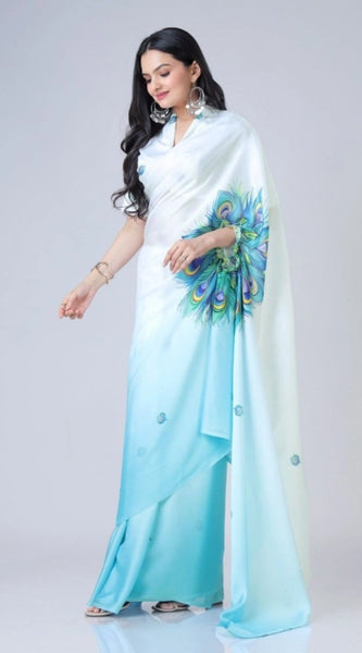 Mayawye Women's Soft Crepe Silk Printed Ready To Wear Saree With Unstitched Blouse 5.5Mtr (Sky Blue)
