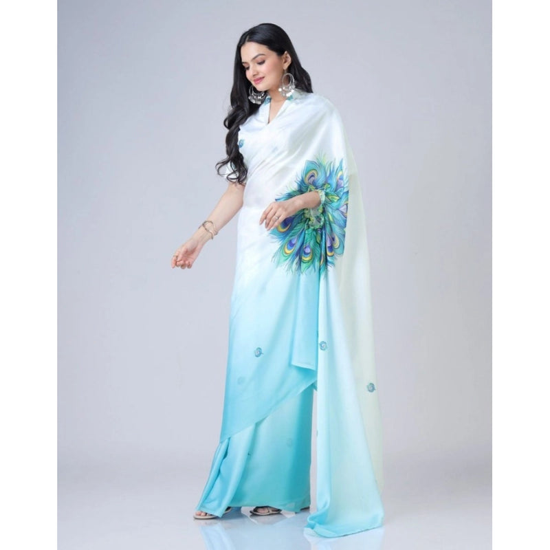 Mayawye Women's Soft Crepe Silk Printed Ready To Wear Saree With Unstitched Blouse 5.5Mtr (Sky Blue)