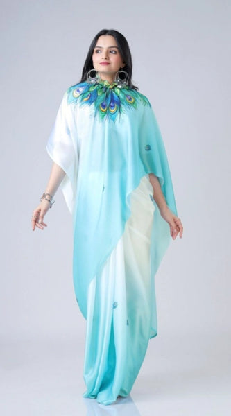 Mayawye Women's Soft Crepe Silk Printed Ready To Wear Saree With Unstitched Blouse 5.5Mtr (Sky Blue)