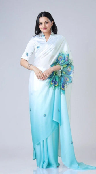 Mayawye Women's Soft Crepe Silk Printed Ready To Wear Saree With Unstitched Blouse 5.5Mtr (Sky Blue)