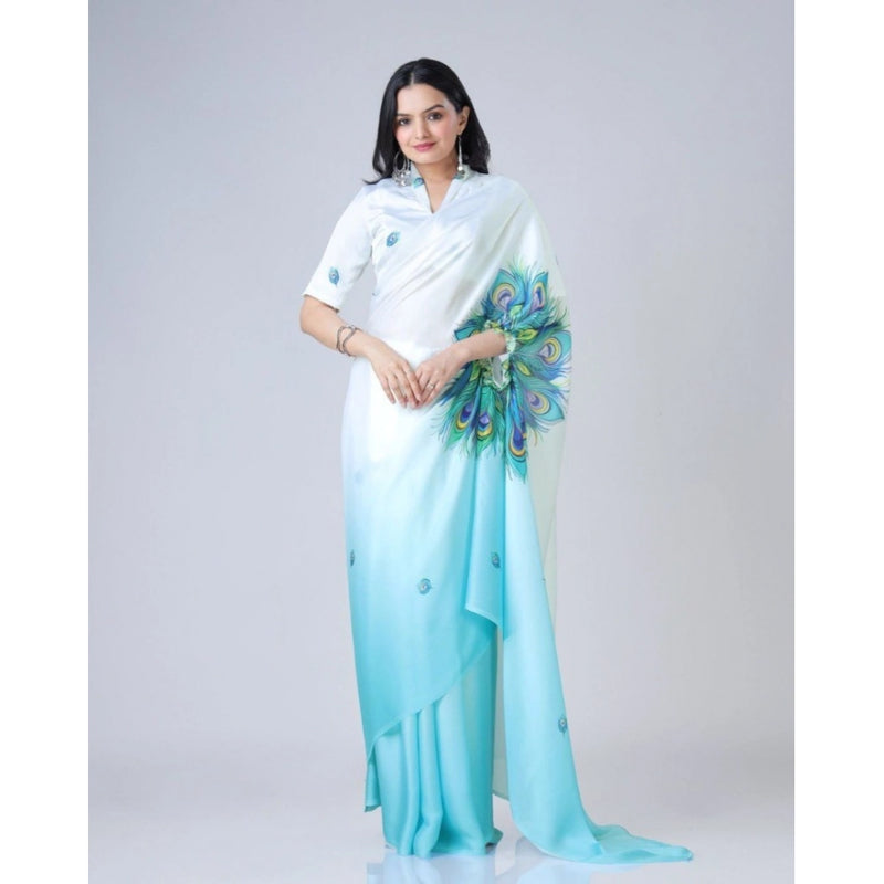 Mayawye Women's Soft Crepe Silk Printed Ready To Wear Saree With Unstitched Blouse 5.5Mtr (Sky Blue)