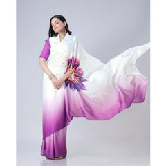 Mayawye Women's Soft Crepe Silk Printed Ready To Wear Saree With Unstitched Blouse 5.5Mtr (Purple)