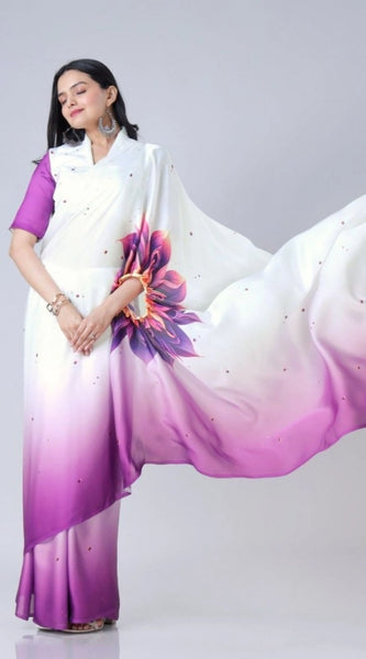 Mayawye Women's Soft Crepe Silk Printed Ready To Wear Saree With Unstitched Blouse 5.5Mtr (Purple)