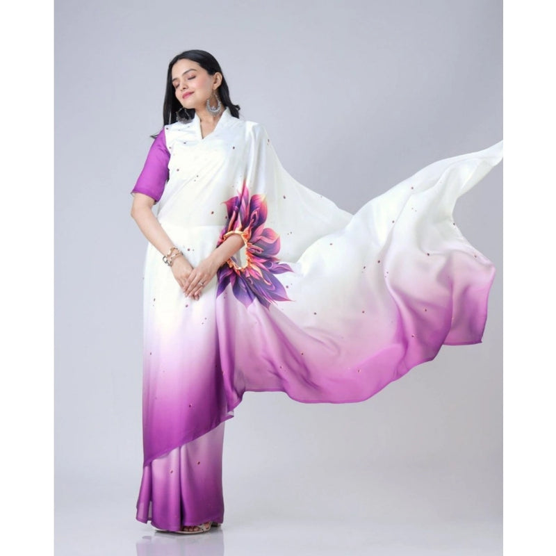 Mayawye Women's Soft Crepe Silk Printed Ready To Wear Saree With Unstitched Blouse 5.5Mtr (Purple)