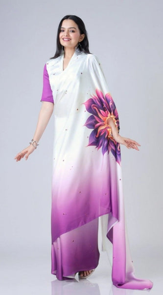 Mayawye Women's Soft Crepe Silk Printed Ready To Wear Saree With Unstitched Blouse 5.5Mtr (Purple)