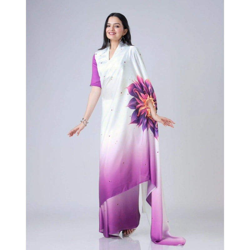 Mayawye Women's Soft Crepe Silk Printed Ready To Wear Saree With Unstitched Blouse 5.5Mtr (Purple)