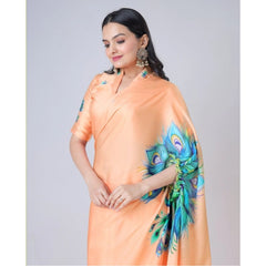 Mayawye Women's Soft Crepe Silk Printed Ready To Wear Saree With Unstitched Blouse 5.5Mtr (Orange)