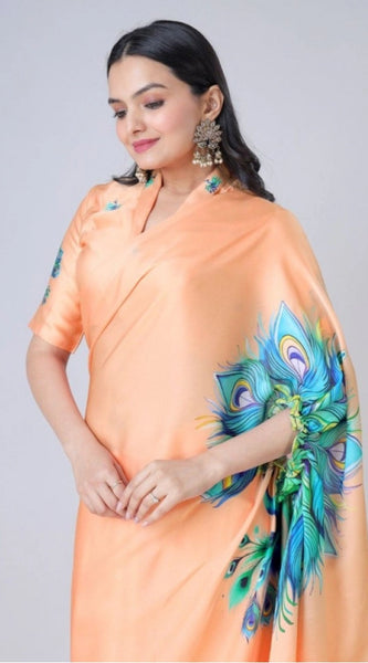 Mayawye Women's Soft Crepe Silk Printed Ready To Wear Saree With Unstitched Blouse 5.5Mtr (Orange)