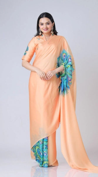 Mayawye Women's Soft Crepe Silk Printed Ready To Wear Saree With Unstitched Blouse 5.5Mtr (Orange)