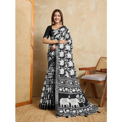 Mayawye Women's Silk Blend Printed Saree With Unstitched Blouse 5.5Mtr (Black)