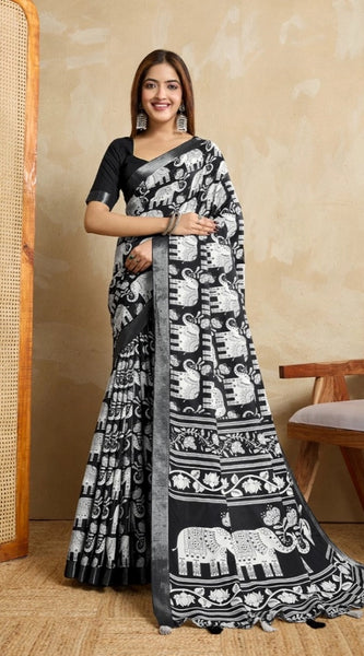 Mayawye Women's Silk Blend Printed Saree With Unstitched Blouse 5.5Mtr (Black)