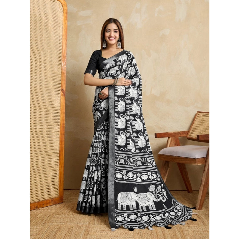 Mayawye Women's Silk Blend Printed Saree With Unstitched Blouse 5.5Mtr (Black)