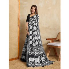 Mayawye Women's Silk Blend Printed Saree With Unstitched Blouse 5.5Mtr (Black)