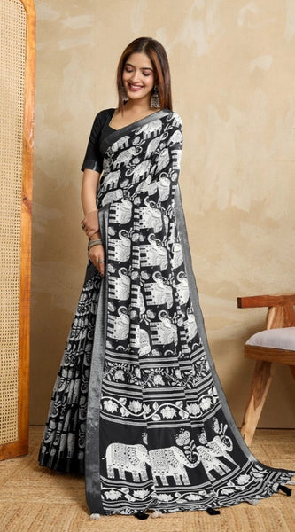 Mayawye Women's Silk Blend Printed Saree With Unstitched Blouse 5.5Mtr (Black)