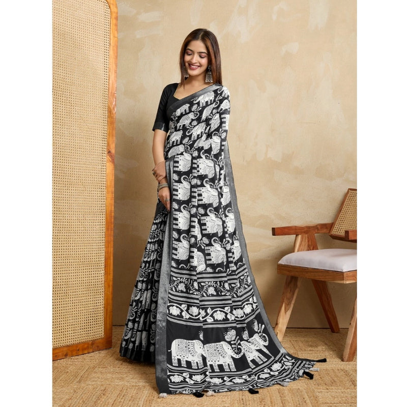 Mayawye Women's Silk Blend Printed Saree With Unstitched Blouse 5.5Mtr (Black)