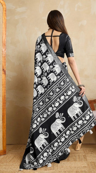 Mayawye Women's Silk Blend Printed Saree With Unstitched Blouse 5.5Mtr (Black)