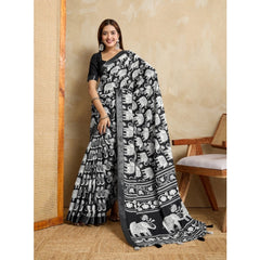 Mayawye Women's Silk Blend Printed Saree With Unstitched Blouse 5.5Mtr (Black)