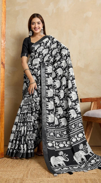 Mayawye Women's Silk Blend Printed Saree With Unstitched Blouse 5.5Mtr (Black)