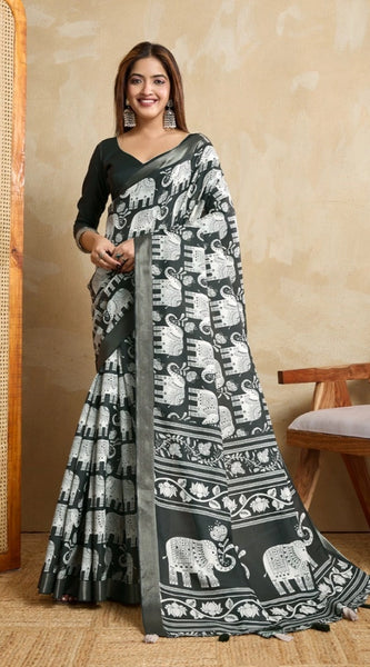 Mayawye Women's Silk Blend Printed Saree With Unstitched Blouse 5.5Mtr (Green)