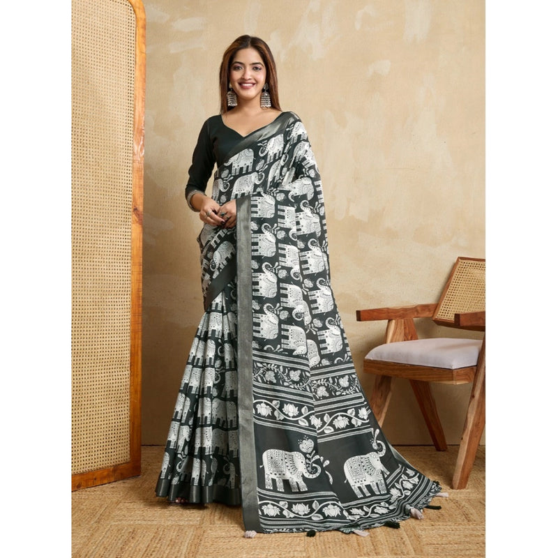 Mayawye Women's Silk Blend Printed Saree With Unstitched Blouse 5.5Mtr (Green)