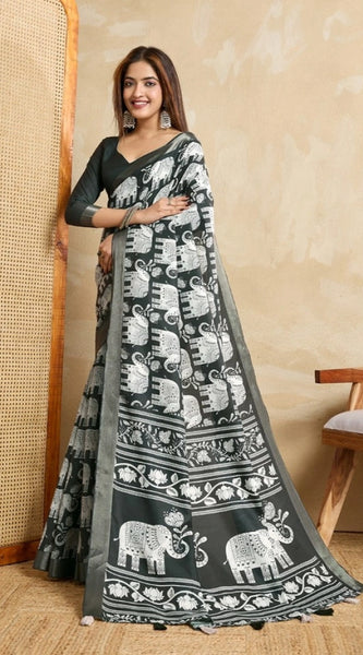 Mayawye Women's Silk Blend Printed Saree With Unstitched Blouse 5.5Mtr (Green)