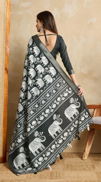 Mayawye Women's Silk Blend Printed Saree With Unstitched Blouse 5.5Mtr (Green)
