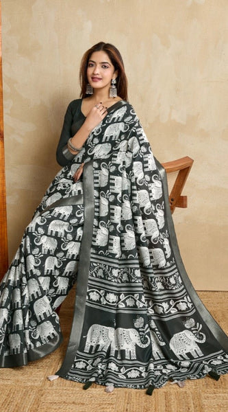 Mayawye Women's Silk Blend Printed Saree With Unstitched Blouse 5.5Mtr (Green)