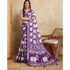 Mayawye Women's Silk Blend Printed Saree With Unstitched Blouse 5.5Mtr (Purple)