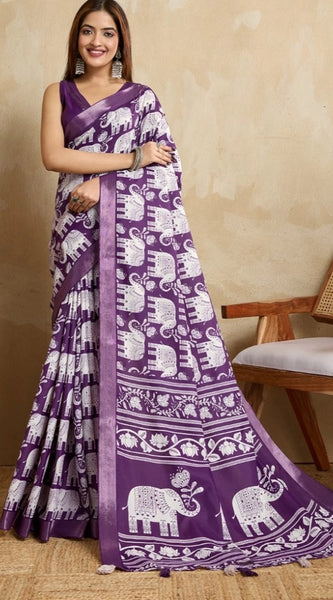 Mayawye Women's Silk Blend Printed Saree With Unstitched Blouse 5.5Mtr (Purple)
