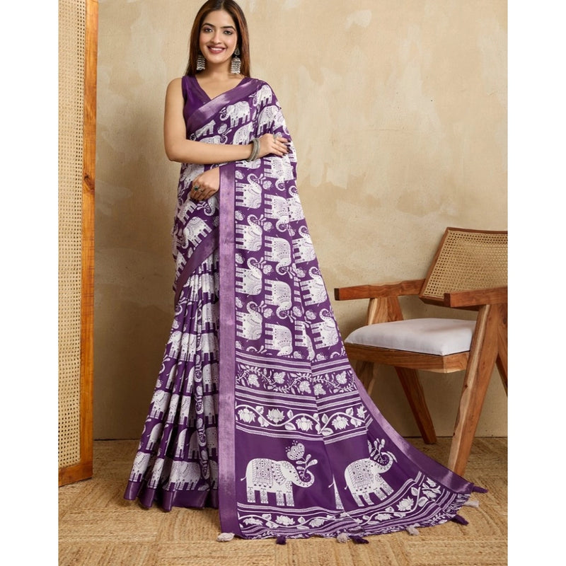 Mayawye Women's Silk Blend Printed Saree With Unstitched Blouse 5.5Mtr (Purple)