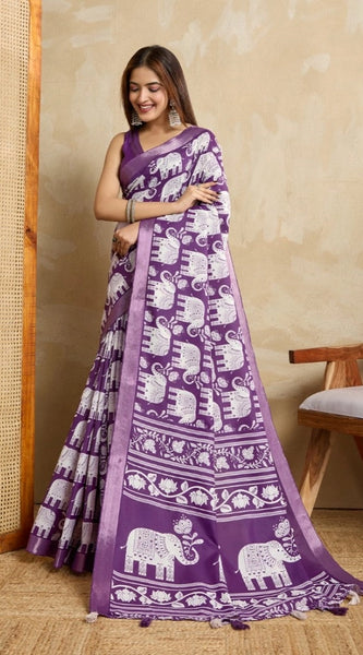 Mayawye Women's Silk Blend Printed Saree With Unstitched Blouse 5.5Mtr (Purple)