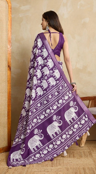 Mayawye Women's Silk Blend Printed Saree With Unstitched Blouse 5.5Mtr (Purple)
