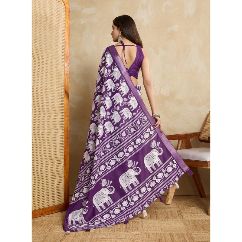 Mayawye Women's Silk Blend Printed Saree With Unstitched Blouse 5.5Mtr (Purple)