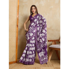 Mayawye Women's Silk Blend Printed Saree With Unstitched Blouse 5.5Mtr (Purple)