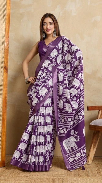 Mayawye Women's Silk Blend Printed Saree With Unstitched Blouse 5.5Mtr (Purple)