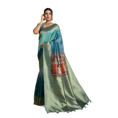 Mayawye Women's Silk Printed Saree With Unstitched Blouse 5.5Mtr (Blue)