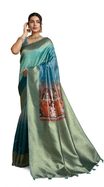 Mayawye Women's Silk Printed Saree With Unstitched Blouse 5.5Mtr (Blue)
