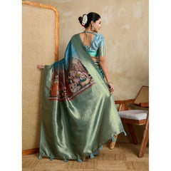 Mayawye Women's Silk Printed Saree With Unstitched Blouse 5.5Mtr (Blue)