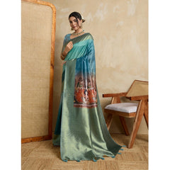 Mayawye Women's Silk Printed Saree With Unstitched Blouse 5.5Mtr (Blue)