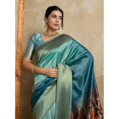 Mayawye Women's Silk Printed Saree With Unstitched Blouse 5.5Mtr (Blue)