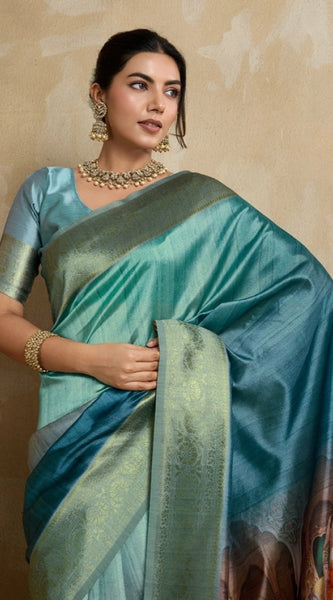 Mayawye Women's Silk Printed Saree With Unstitched Blouse 5.5Mtr (Blue)