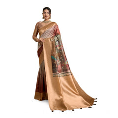 Mayawye Women's Silk Printed Saree With Unstitched Blouse 5.5Mtr (Brown)