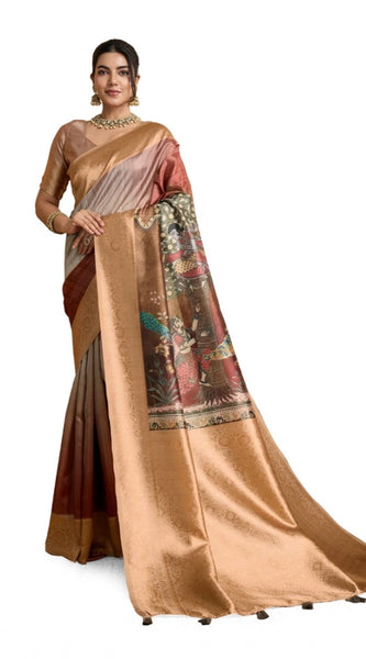 Mayawye Women's Silk Printed Saree With Unstitched Blouse 5.5Mtr (Brown)
