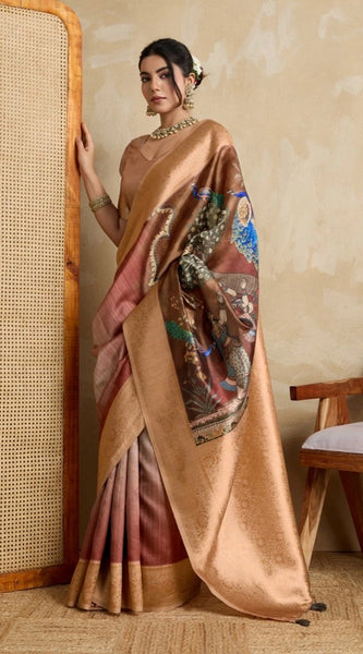 Mayawye Women's Silk Printed Saree With Unstitched Blouse 5.5Mtr (Brown)