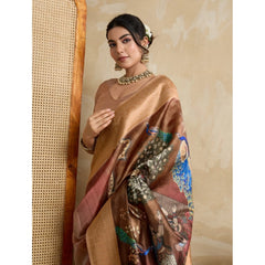 Mayawye Women's Silk Printed Saree With Unstitched Blouse 5.5Mtr (Brown)