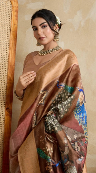 Mayawye Women's Silk Printed Saree With Unstitched Blouse 5.5Mtr (Brown)