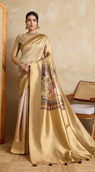 Mayawye Women's Silk Printed Saree With Unstitched Blouse 5.5Mtr (Gold)