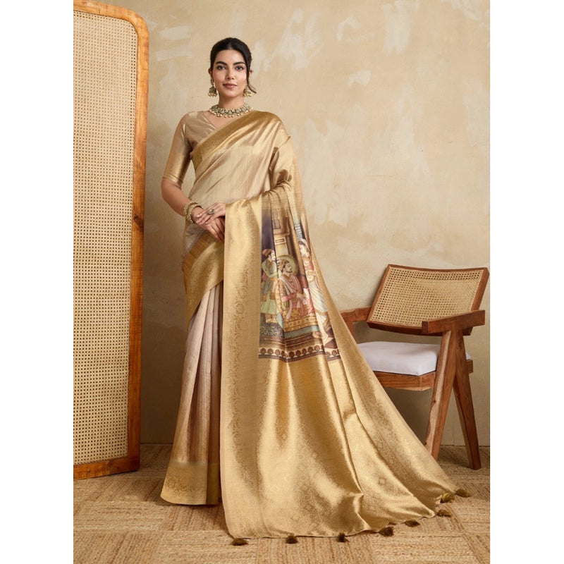 Mayawye Women's Silk Printed Saree With Unstitched Blouse 5.5Mtr (Gold)