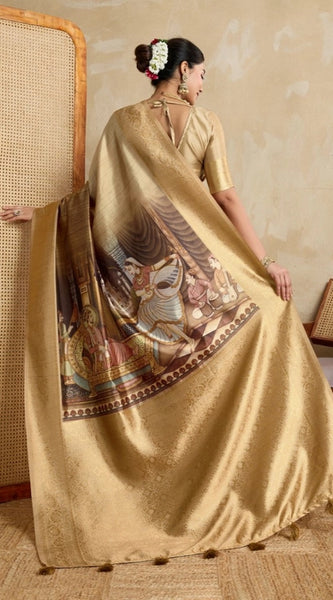 Mayawye Women's Silk Printed Saree With Unstitched Blouse 5.5Mtr (Gold)
