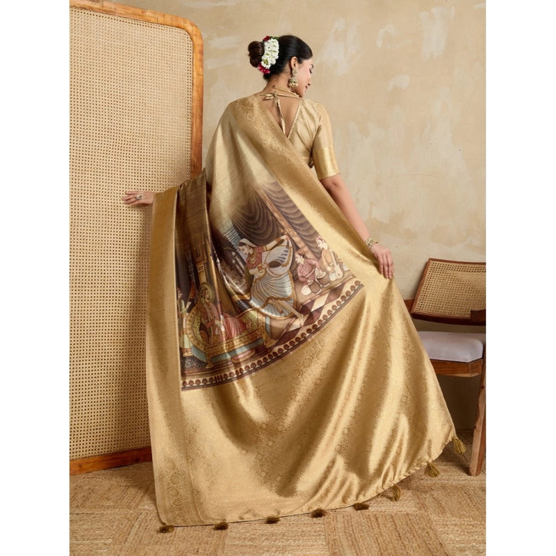 Mayawye Women's Silk Printed Saree With Unstitched Blouse 5.5Mtr (Gold)
